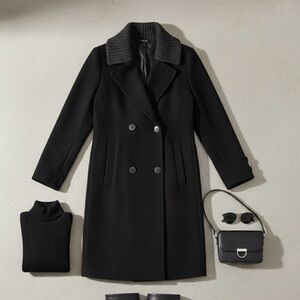 Women’s Black Double-Breasted Coat with Knit Inset Collar